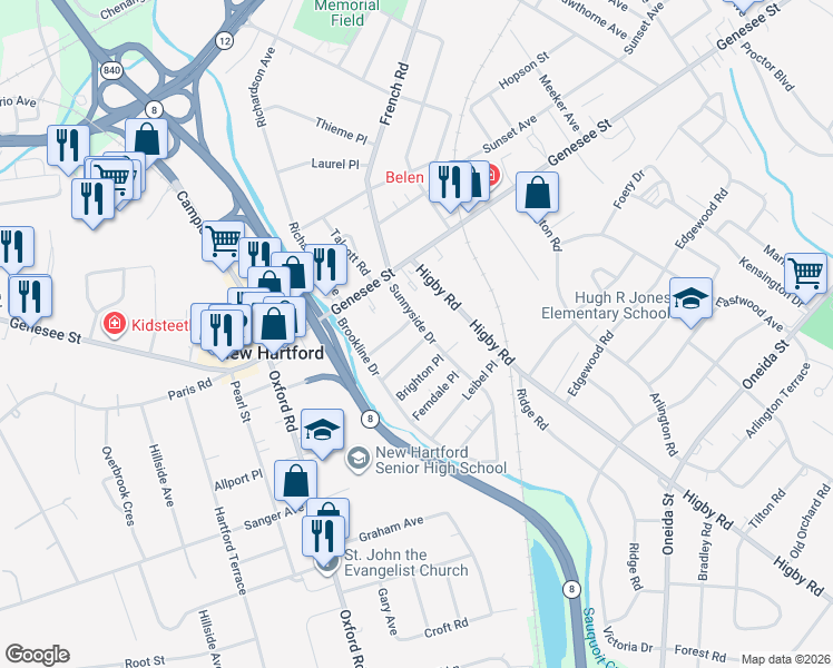 map of restaurants, bars, coffee shops, grocery stores, and more near 20 Sunnyside Dr in Utica