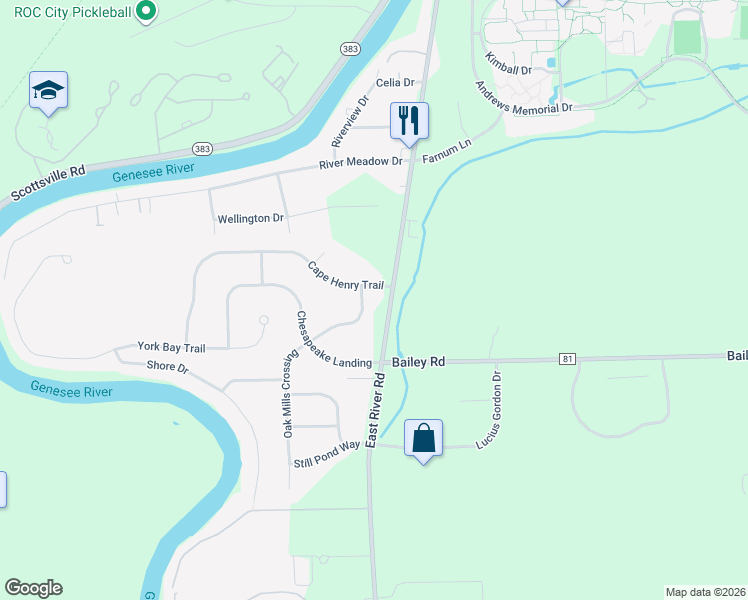 map of restaurants, bars, coffee shops, grocery stores, and more near 7 Oak Mills Crossing in West Henrietta