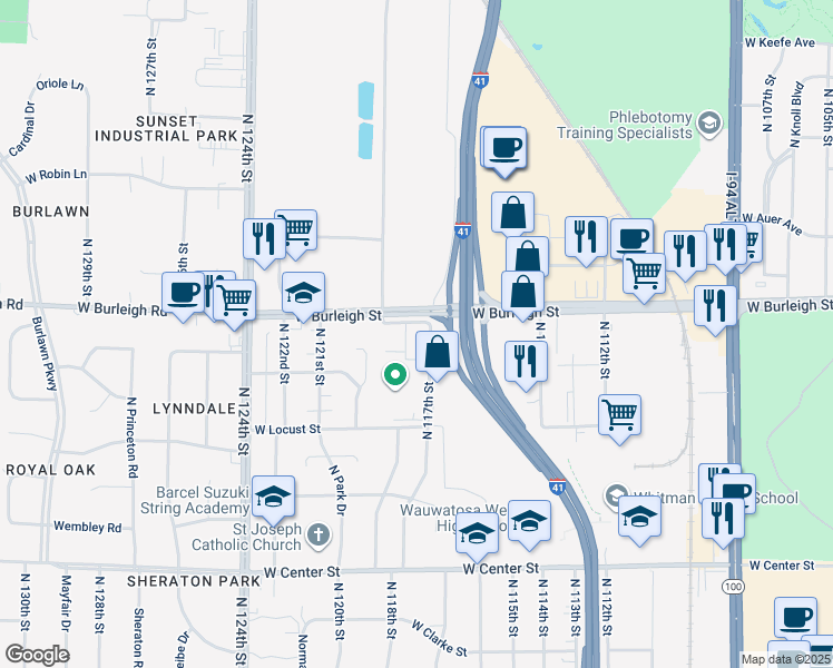 map of restaurants, bars, coffee shops, grocery stores, and more near 11711 West Burleigh Street in Wauwatosa