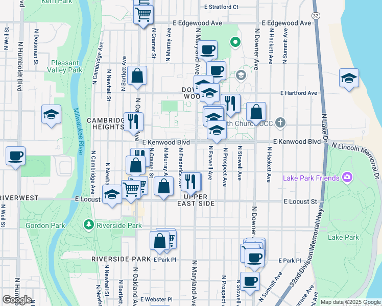 map of restaurants, bars, coffee shops, grocery stores, and more near 3051 North Maryland Avenue in Milwaukee