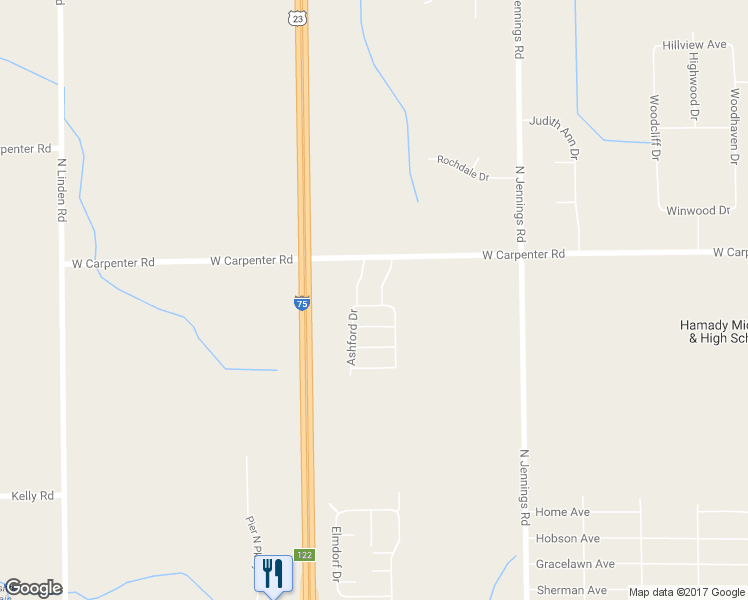 map of restaurants, bars, coffee shops, grocery stores, and more near 99 Elm Tree in Flint