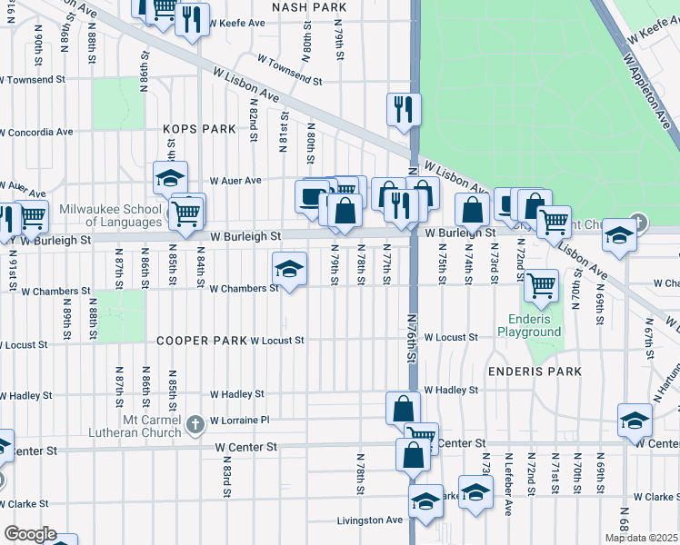 map of restaurants, bars, coffee shops, grocery stores, and more near 3018 North 79th Street in Milwaukee