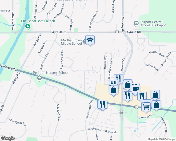 map of restaurants, bars, coffee shops, grocery stores, and more near Valley Creek Drive & Heron Way North in Fairport
