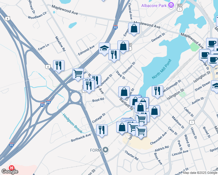 map of restaurants, bars, coffee shops, grocery stores, and more near 358 Bartlett Street in Portsmouth