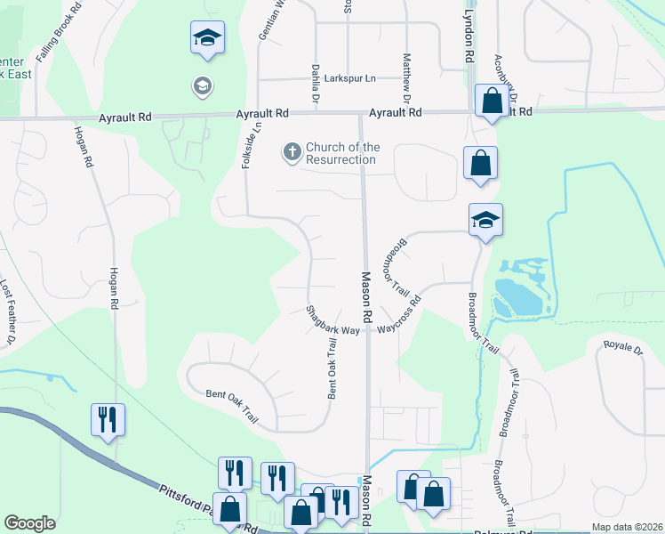 map of restaurants, bars, coffee shops, grocery stores, and more near 62 Shagbark Way in Fairport