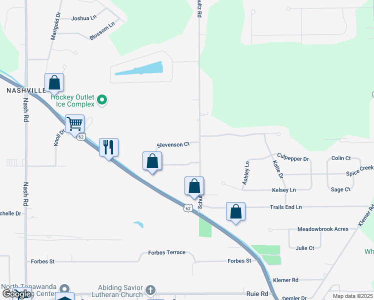 map of restaurants, bars, coffee shops, grocery stores, and more near 3496 Stevenson Court in North Tonawanda