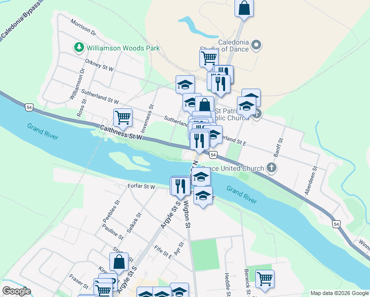 map of restaurants, bars, coffee shops, grocery stores, and more near 23 Caithness Street West in Caledonia