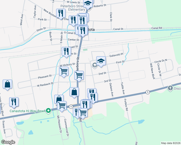 map of restaurants, bars, coffee shops, grocery stores, and more near 207 High St in Canastota