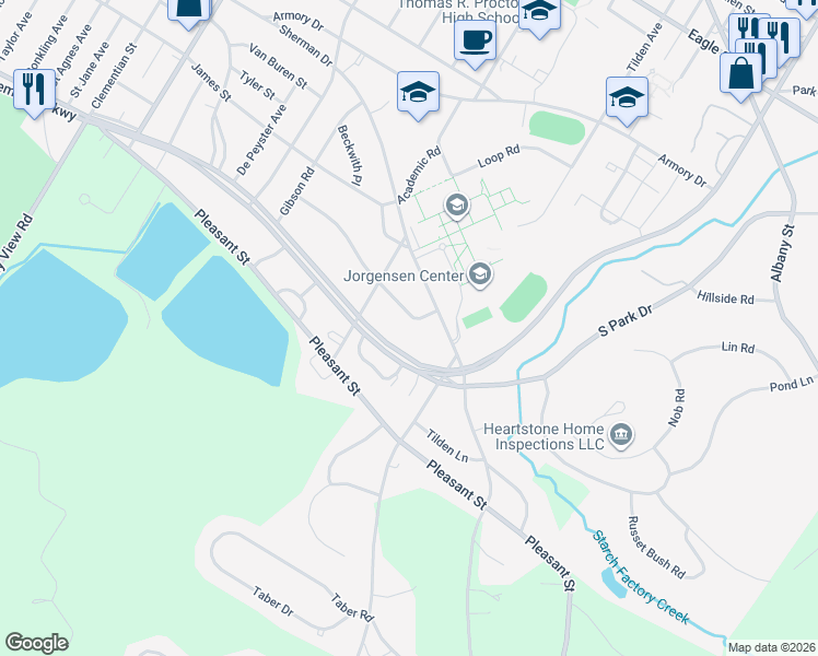map of restaurants, bars, coffee shops, grocery stores, and more near 1105 Parkway East in Utica