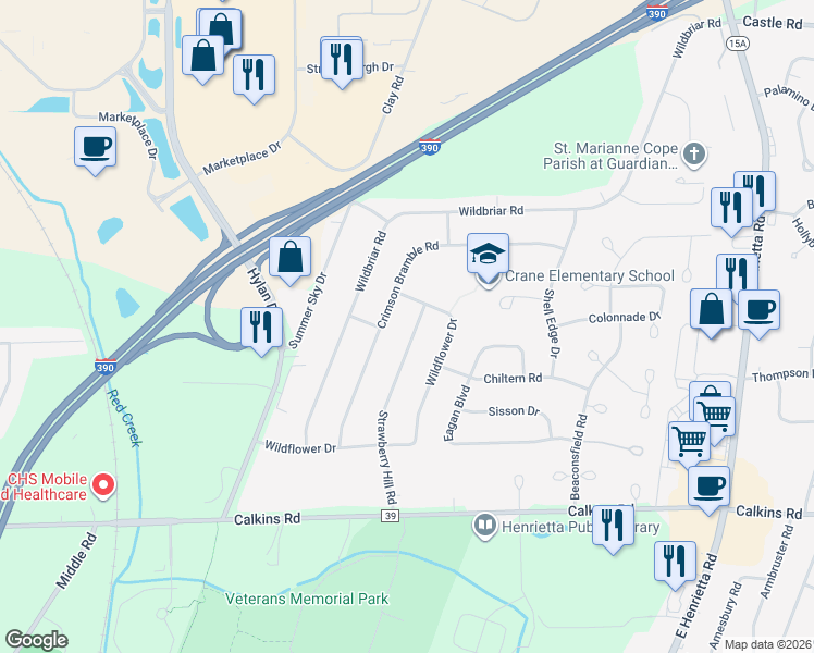 map of restaurants, bars, coffee shops, grocery stores, and more near 23 Strawberry Hill Road in Rochester