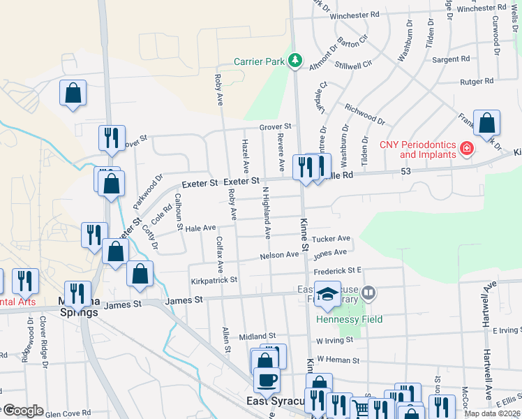 map of restaurants, bars, coffee shops, grocery stores, and more near 507 N Highland Ave in East Syracuse