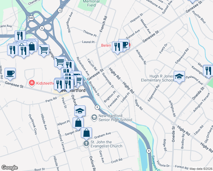 map of restaurants, bars, coffee shops, grocery stores, and more near 20 Sunnyside Drive in Utica