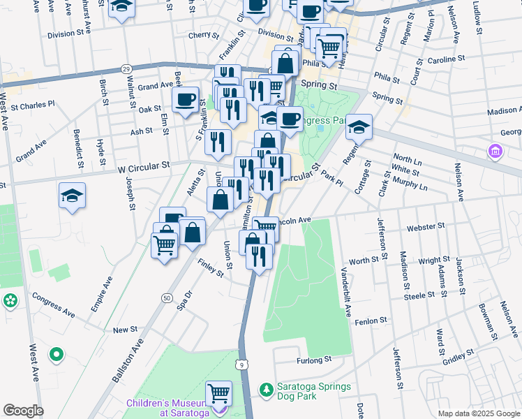 map of restaurants, bars, coffee shops, grocery stores, and more near 195 S Broadway in Saratoga Springs