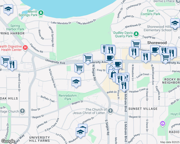 map of restaurants, bars, coffee shops, grocery stores, and more near 700 North Segoe Road in Madison