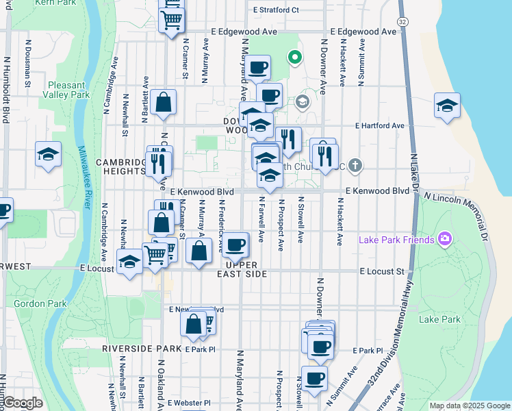 map of restaurants, bars, coffee shops, grocery stores, and more near 3051 North Farwell Avenue in Milwaukee