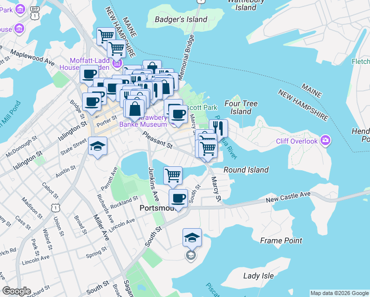 map of restaurants, bars, coffee shops, grocery stores, and more near 355 Pleasant Street in Portsmouth