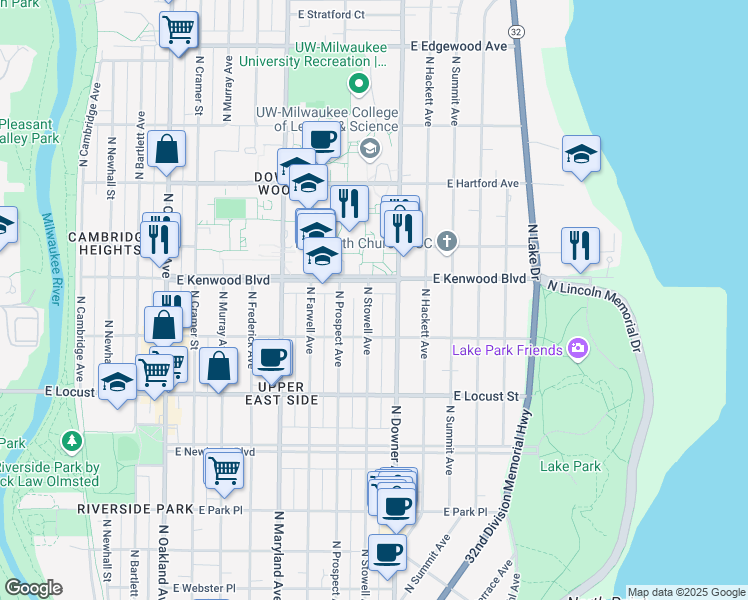 map of restaurants, bars, coffee shops, grocery stores, and more near 3052 North Stowell Avenue in Milwaukee