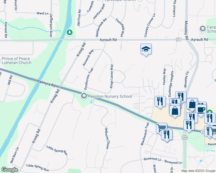 map of restaurants, bars, coffee shops, grocery stores, and more near 33 Kings Lacey Way in Fairport