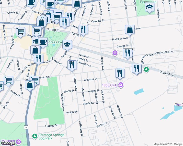 map of restaurants, bars, coffee shops, grocery stores, and more near 136 Lincoln Avenue in Saratoga Springs