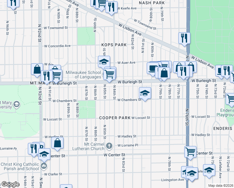 map of restaurants, bars, coffee shops, grocery stores, and more near 3020 North 84th Street in Milwaukee