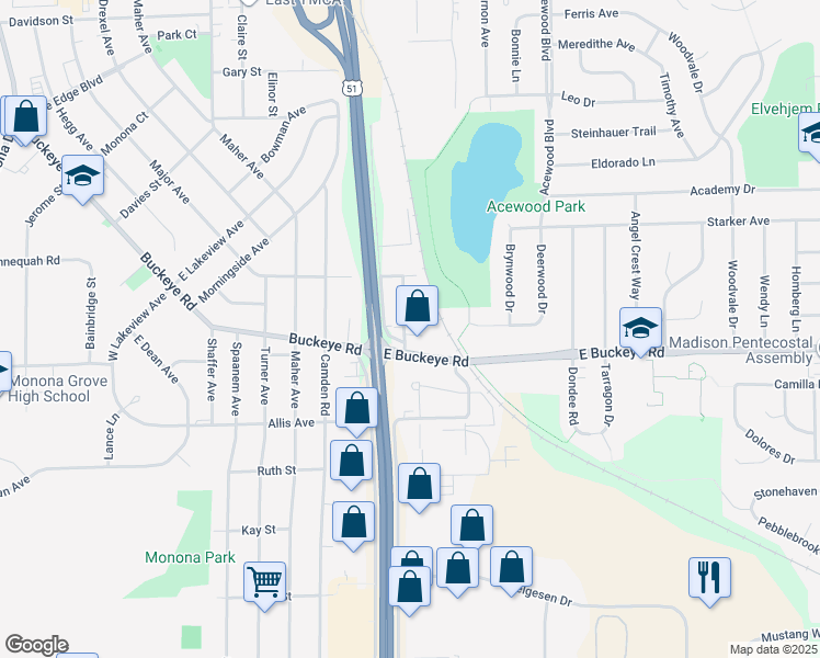 map of restaurants, bars, coffee shops, grocery stores, and more near 1713 Blossom Lane in Madison