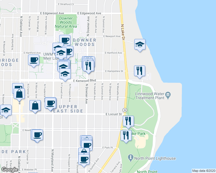 map of restaurants, bars, coffee shops, grocery stores, and more near 3053 North Shepard Avenue in Milwaukee