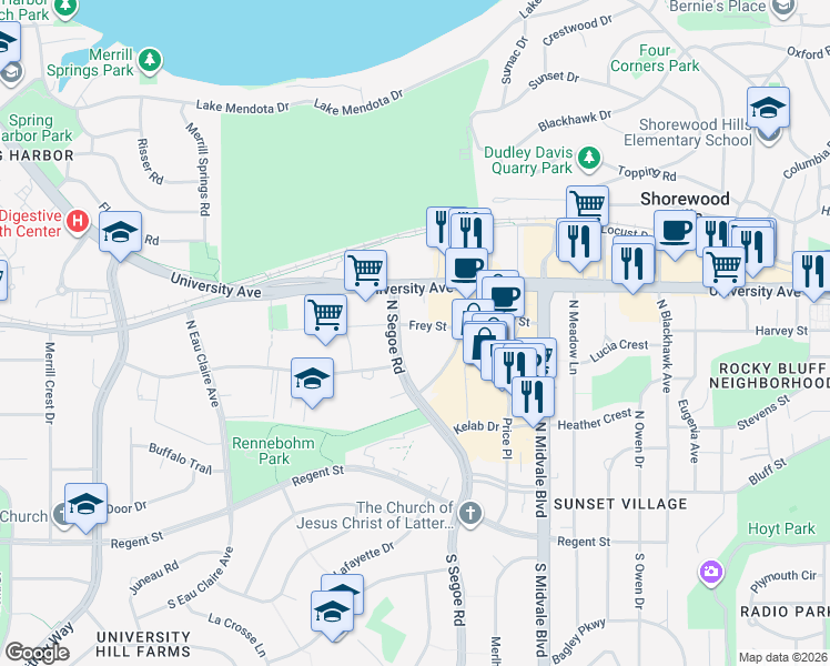 map of restaurants, bars, coffee shops, grocery stores, and more near 4601 Frey Street in Madison