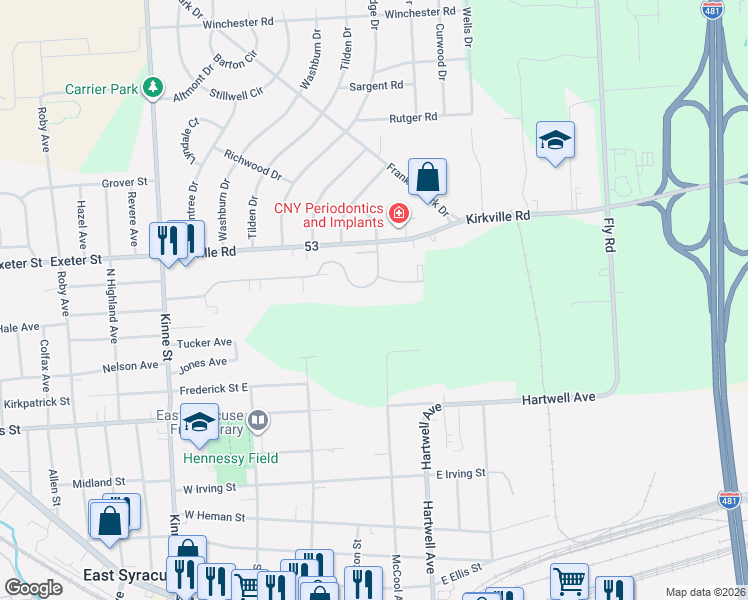 map of restaurants, bars, coffee shops, grocery stores, and more near 111 Watertree Drive in East Syracuse