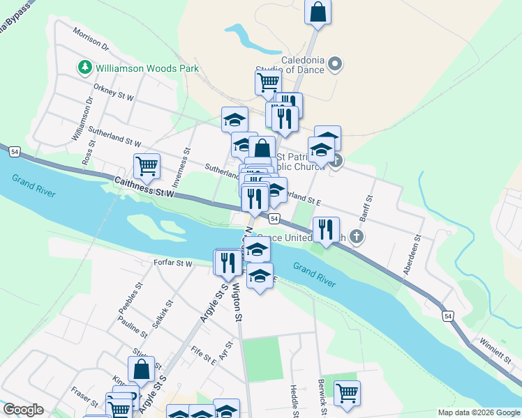 map of restaurants, bars, coffee shops, grocery stores, and more near 42 Argyle Street North in Caledonia