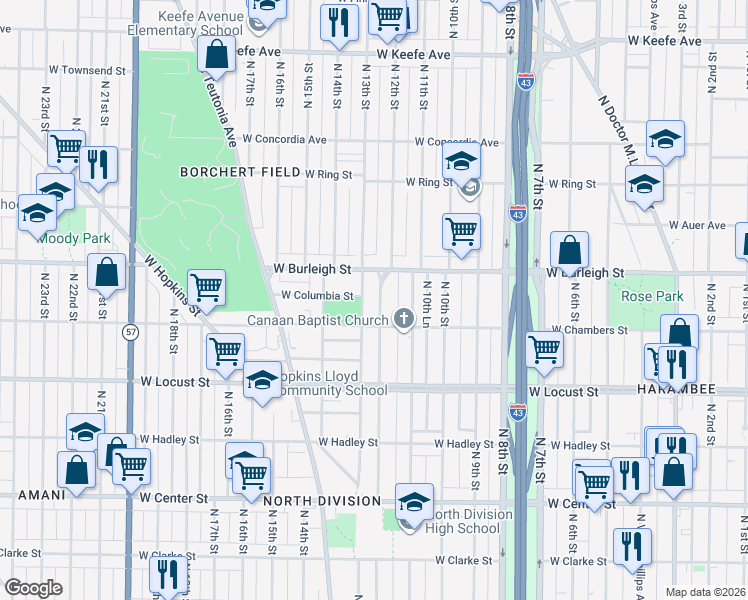 map of restaurants, bars, coffee shops, grocery stores, and more near 3033 North 12th Street in Milwaukee