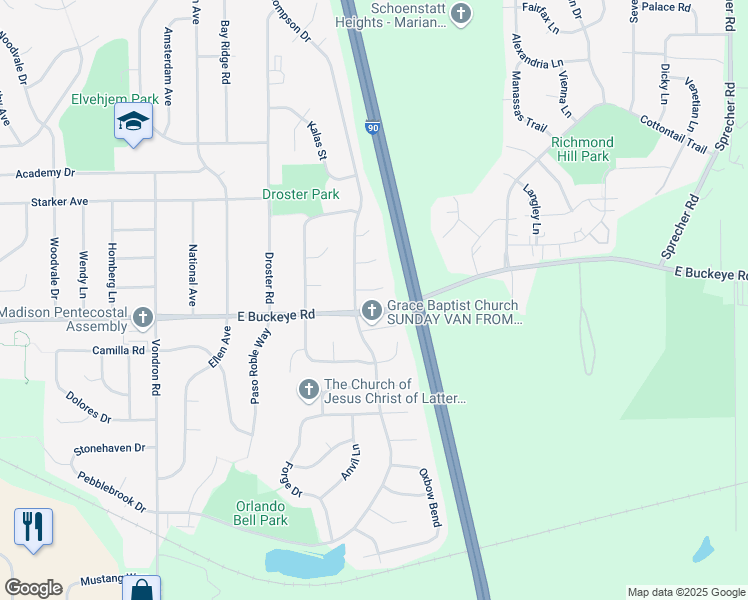map of restaurants, bars, coffee shops, grocery stores, and more near 17 Dinauer Court in Madison
