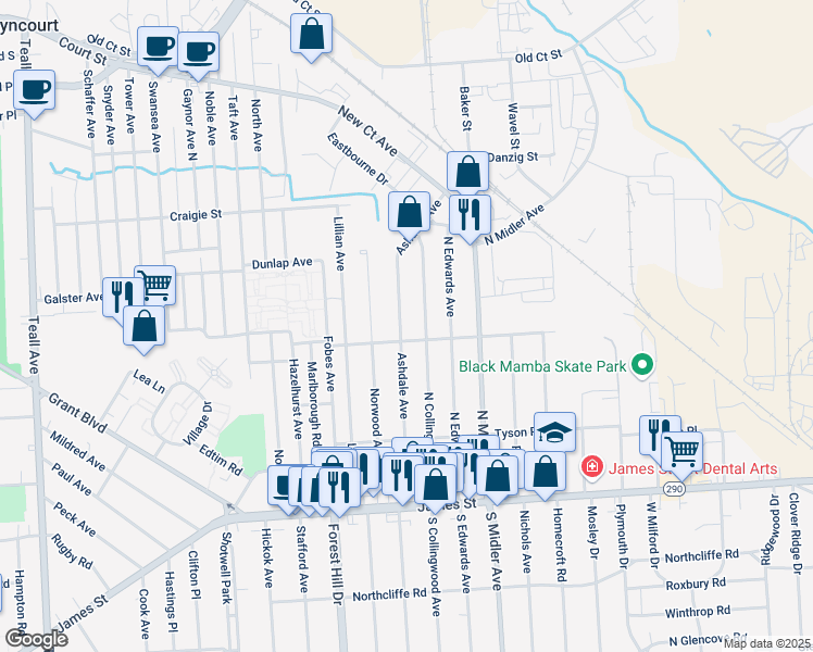 map of restaurants, bars, coffee shops, grocery stores, and more near 314 Ashdale Avenue in Syracuse