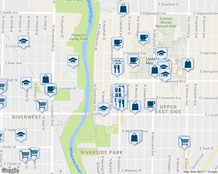 map of restaurants, bars, coffee shops, grocery stores, and more near 3051 North Bartlett Avenue in Milwaukee