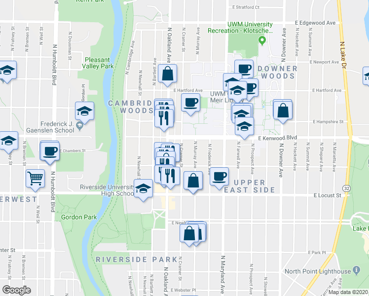 map of restaurants, bars, coffee shops, grocery stores, and more near 3050 North Cramer Street in Milwaukee