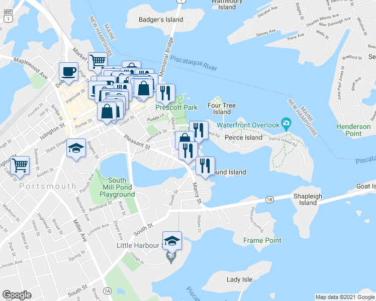 map of restaurants, bars, coffee shops, grocery stores, and more near 25 Hunking Street in Portsmouth