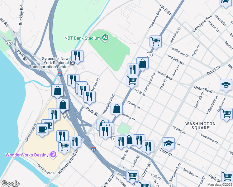 map of restaurants, bars, coffee shops, grocery stores, and more near 1620 Spring Street in Syracuse