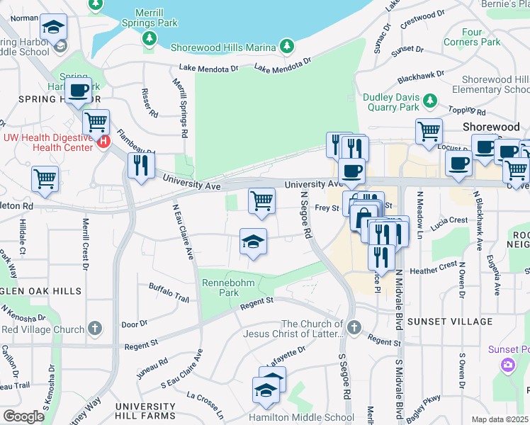 map of restaurants, bars, coffee shops, grocery stores, and more near 4800 Sheboygan Avenue in Madison