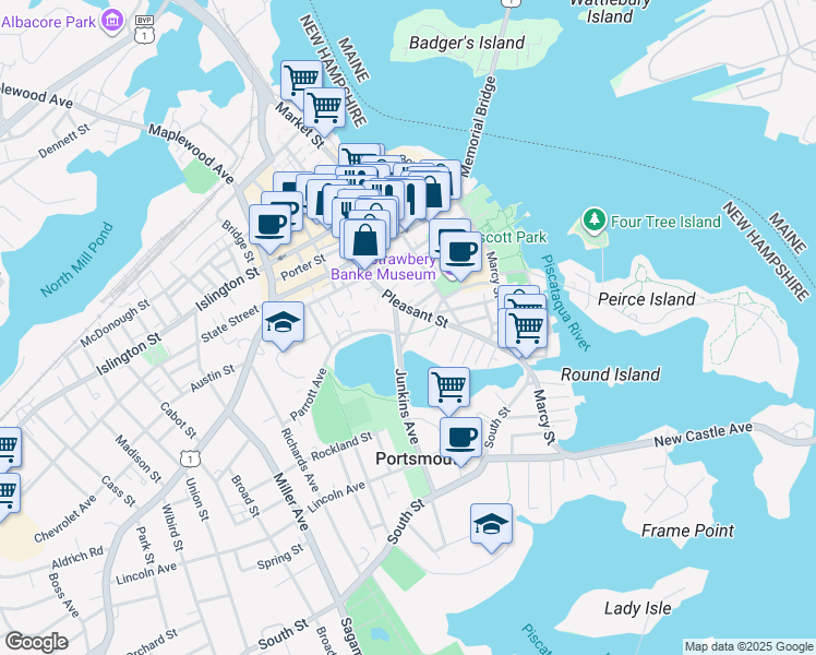 map of restaurants, bars, coffee shops, grocery stores, and more near 3 Edward Street in Portsmouth