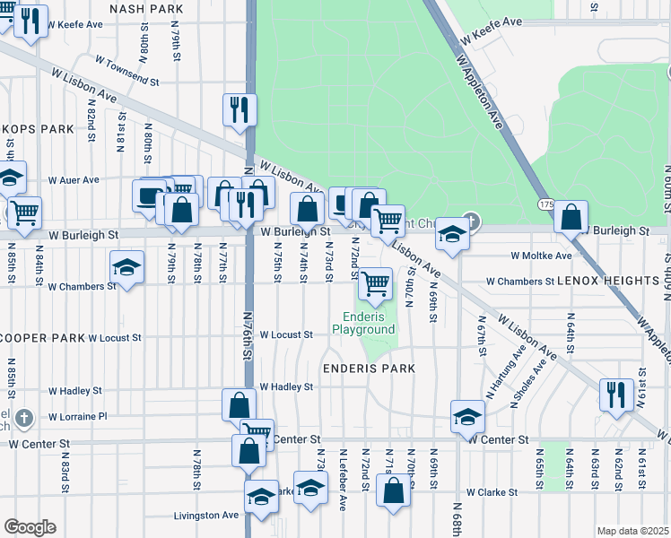map of restaurants, bars, coffee shops, grocery stores, and more near 3018 North 73rd Street in Milwaukee