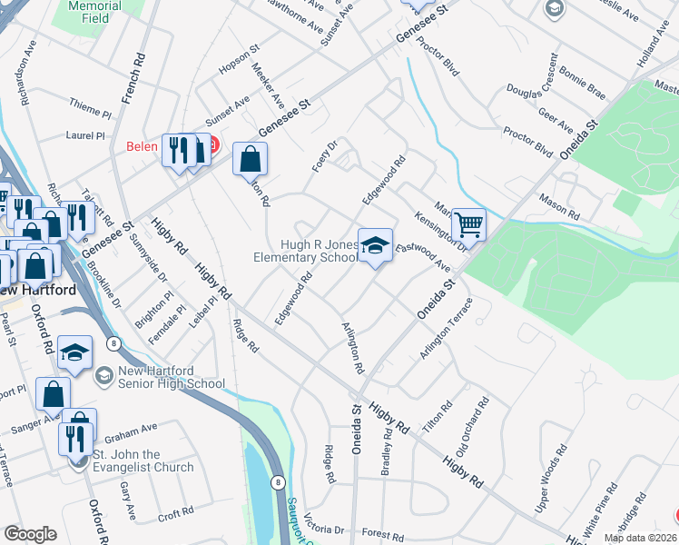 map of restaurants, bars, coffee shops, grocery stores, and more near 2640 Glenwood Road in Utica