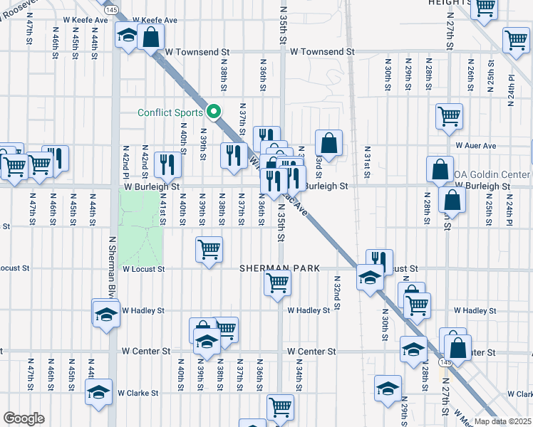 map of restaurants, bars, coffee shops, grocery stores, and more near 3024 North 36th Street in Milwaukee