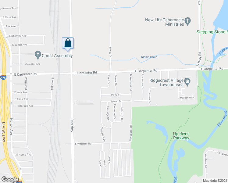 map of restaurants, bars, coffee shops, grocery stores, and more near 6805 Daniel Drive in Flint