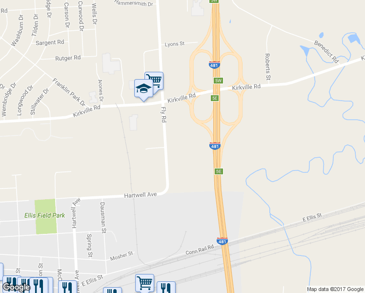 map of restaurants, bars, coffee shops, grocery stores, and more near 6260 Fly Road in East Syracuse