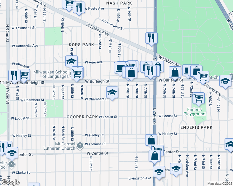 map of restaurants, bars, coffee shops, grocery stores, and more near 3023 North 80th Street in Milwaukee