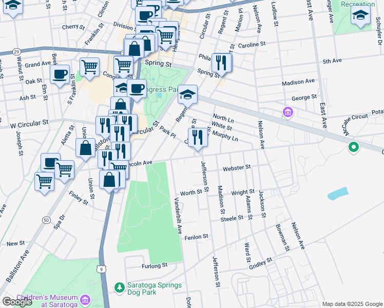map of restaurants, bars, coffee shops, grocery stores, and more near 87 Lincoln Avenue in Saratoga Springs