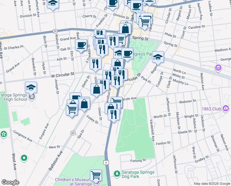 map of restaurants, bars, coffee shops, grocery stores, and more near 195 South Broadway in Saratoga Springs