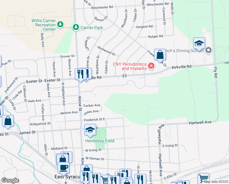 map of restaurants, bars, coffee shops, grocery stores, and more near 307 Watertree Drive in East Syracuse