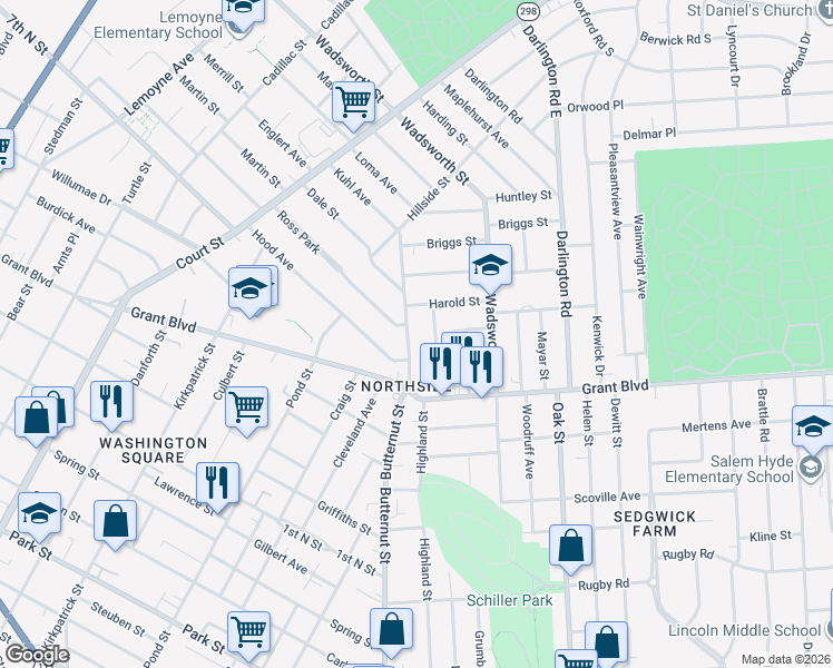 map of restaurants, bars, coffee shops, grocery stores, and more near 163 Greenland Drive in Syracuse