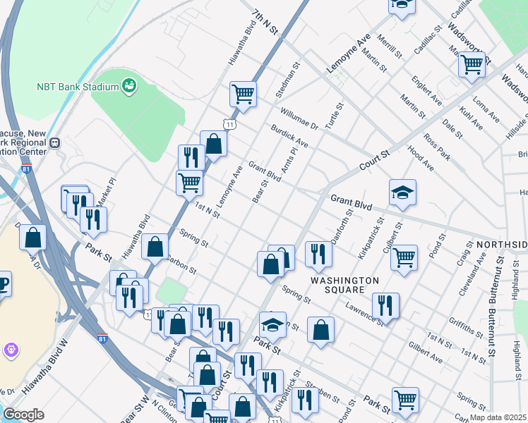 map of restaurants, bars, coffee shops, grocery stores, and more near 801 Turtle Street in Syracuse