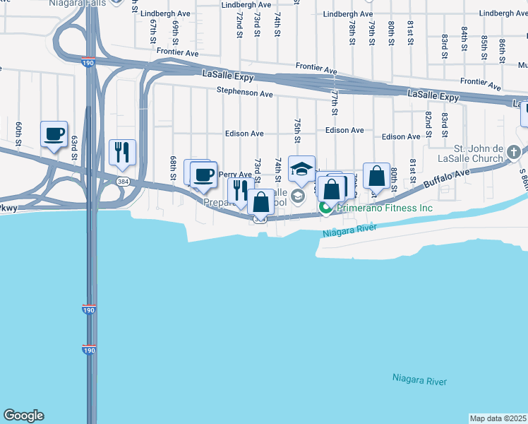 map of restaurants, bars, coffee shops, grocery stores, and more near 7214 Buffalo Avenue in Niagara Falls